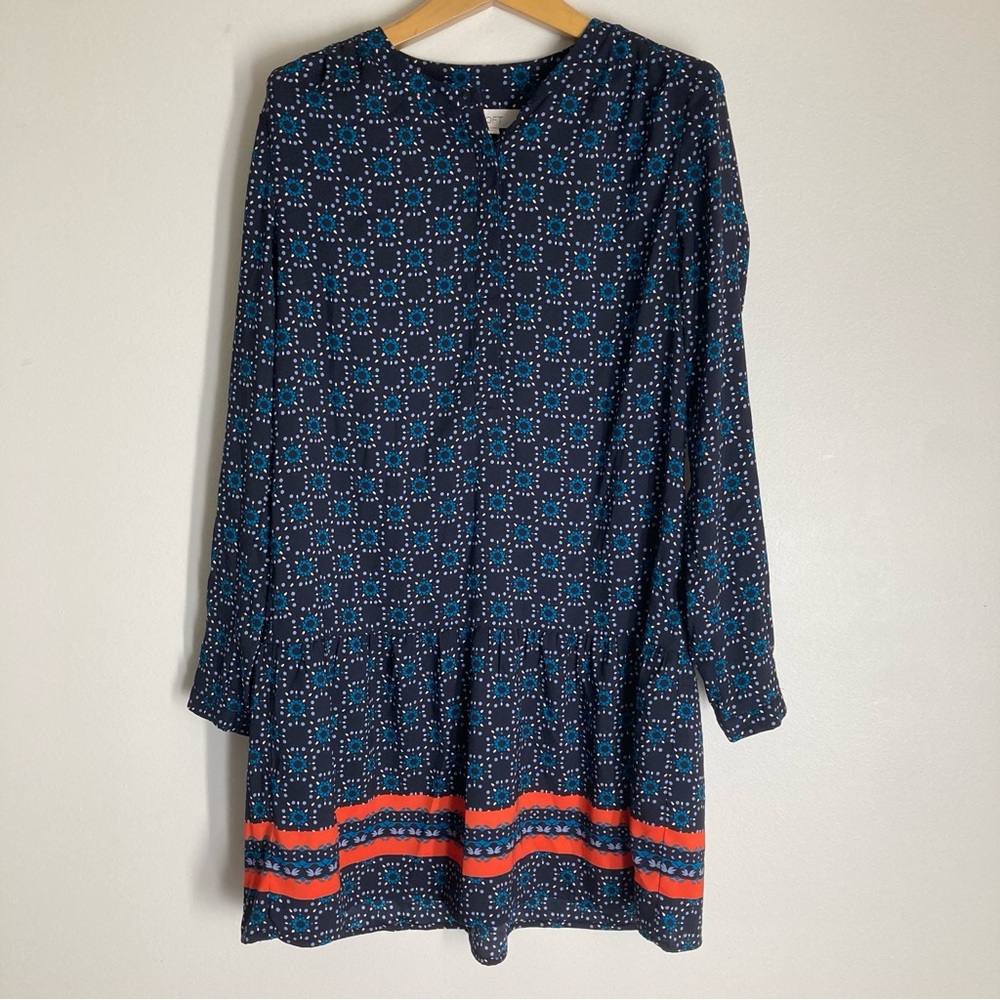 LOFT Navy Floral Dot Button-Up Dress with Teal Accents